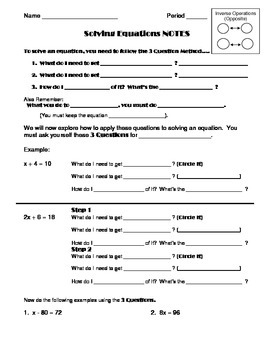 Preview of Solving Equations NOTES and Worksheet