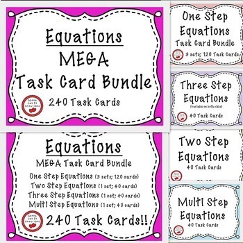 Preview of Solving Equations One Step Two Step Multi Step Equations 240 Task Card Bundle