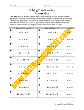 Solving Equations Partner Play by MATHandCHEESE | TPT