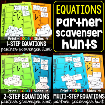 Preview of Solving Equations Math Partner Scavenger Hunt Activity Bundle