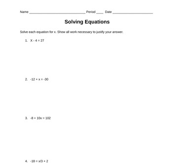 Solving Equations (Pre-Algebra) by Timothy Chance | TPT