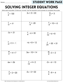 Solving Equations with Integers Puzzle by Lindsay Perro | TpT