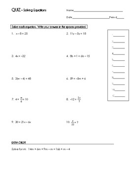Solving Equations Quiz by Bridget Rizza | TPT