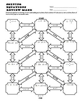 Preview of Solving Equations Maze Activity Worksheet