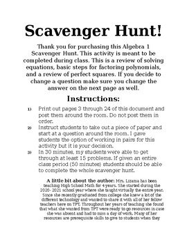 Preview of Solving Equations Scavenger Hunt, printed in the classroom, with Answer Key