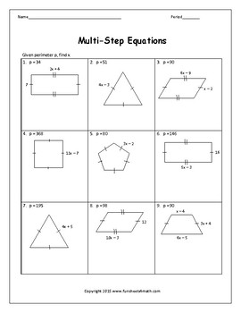 Preview of Solving Equations: Solving Multi-Step Equations as Perimeter Problems Worksheet