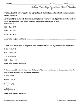 Solving Two Step Equations Word Problems By MATH SQUARE