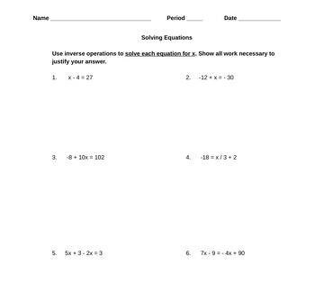 Preview of Solving Equations Test