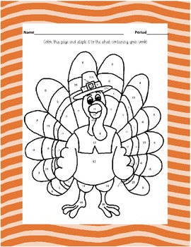 Preview of Solving Equations, Thanksgiving Color By Number Worksheet