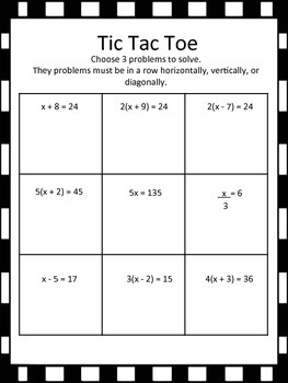 One Step Equations Tic Tac Toe Game by STEAM Ahoy