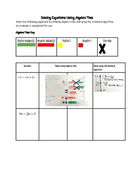 Preview of Solving Equations Using Algebra Tiles Worksheet