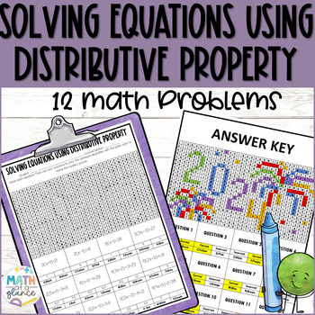 Preview of Solving Equations Using Distributive Property New Year 2024 Math Review Activity