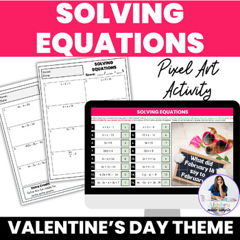 Preview of Solving Equations Valentines Day Theme Activity Self Checking Practice Quiz 