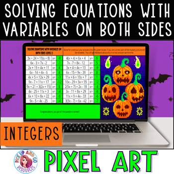 Preview of Solving Equations With Integer Variables on Both Sides Halloween Math Pixel Art
