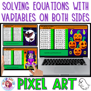 Preview of Solving Equations With Variables on Both Sides Halloween Math Pixel Art BUNDLE