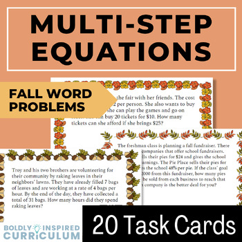 Preview of Solving Equations Word Problems Task Cards for Fall