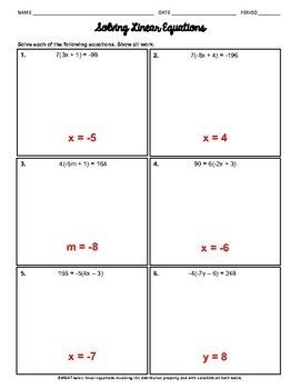 Preview of Solving Equations Worksheet