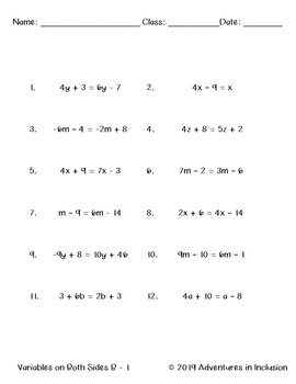 Solving Equations Worksheets: Variables on Both Sides Level B | TpT