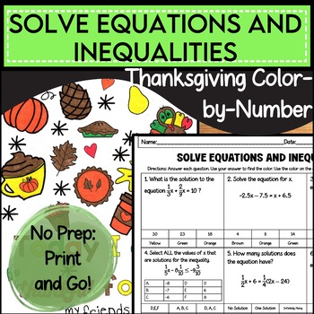 Preview of Solving Equations and Inequalities | Thanksgiving | Color By Number | Activity