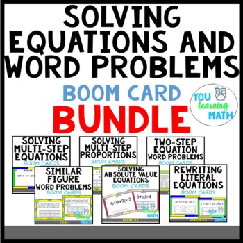 Preview of Solving Two-Step Equations and Word Problems: Digital BOOM Card BUNDLE