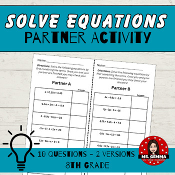 Preview of Solving Equations by Combining Like Terms : Partner Activity
