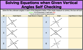 Preview of Solving Equations in Vertical Angles Self Checking