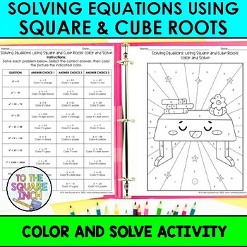 Preview of Solving Equations using Square and Cube Roots Color by Number Math Activity