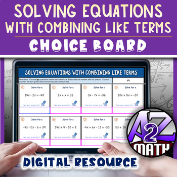 Preview of Solving Equations with Combining Like Terms Activity Digital Choice Worksheet