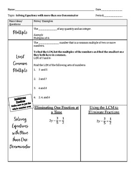 Preview of Solving Equations with Fractions Guided Notes and Key