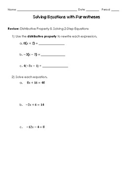 Preview of Solving Equations with Parentheses (Distributive Property) Notes
