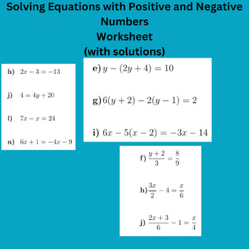 Preview of Solving Equations with Positive and Negative Numbers Worksheet (with solutions)