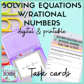 Preview of Solving Equations with Rational Numbers Digital|Printable Task Cards