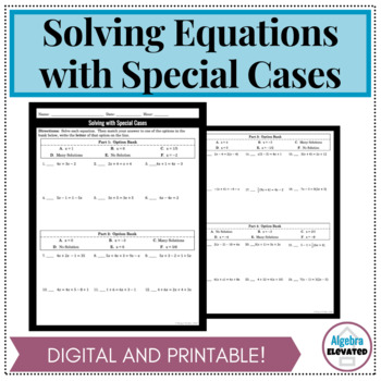 Preview of Solving Equations with Special Cases Worksheet