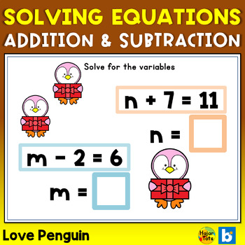 Preview of Solving Equations with Variables Boom Cards - Love Penguin