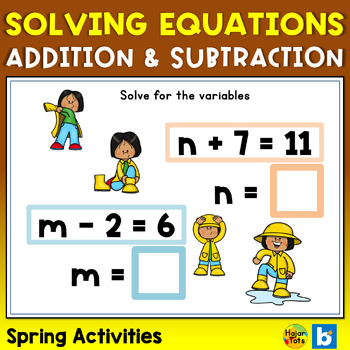 Preview of Solving Equations with Variables Boom Cards - Spring Activities