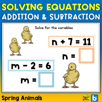 Preview of Solving Equations with Variables Boom Cards - Spring Animals