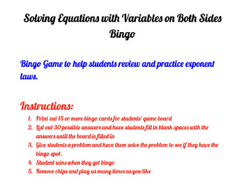 Preview of Solving Equations with Variables on Both Sides Bingo