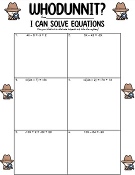 Preview of Solving Equations with Variables on Both Sides Editable Whodunnit