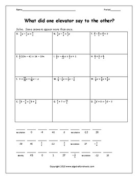 Preview of Solving Equations with Variables on Both Sides Fractions | Riddle Worksheet