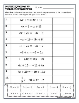 Solving equations with variables on both sides activity TPT