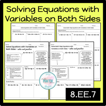 Preview of Solving Equations with Variables on Both Sides | Notes & Worksheets | 8.EE.7