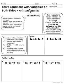 Solving Equations with Variables on Both Sides Notes