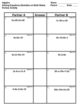 Solving Equations with Variables on Both Sides Partner Activity TPT