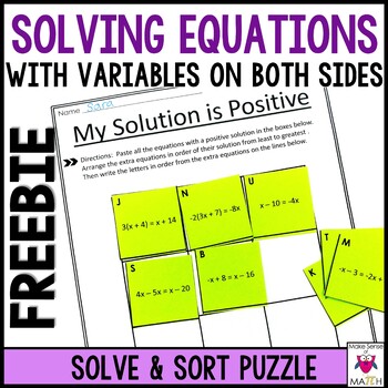 Preview of Solving Equations with Variables on Both Sides Puzzle Free | Multistep Equations