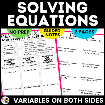 Preview of Solving Equations with Variables on Both Sides Sketch Notes & Practice