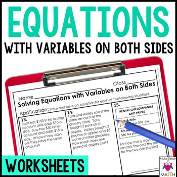 Preview of Solving Equations with Variables on Both Sides Worksheets | Multistep Equations