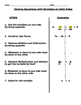 Preview of Solving Equations with Variables on Both sides Notes and Assignments