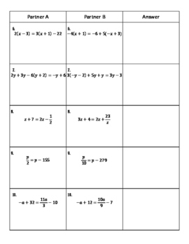 Solving Equations with Variables on Both Sides Partner Activity