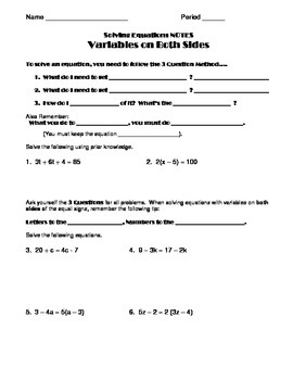 Preview of Solving Equations with Varibales on Both Sides Notes and Worksheet