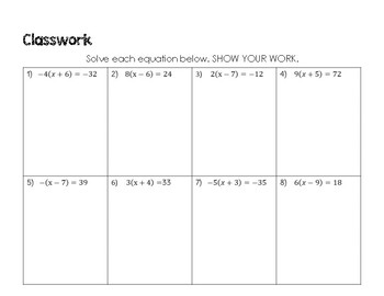 Preview of Solving Equations with the Distributive Property Classwork